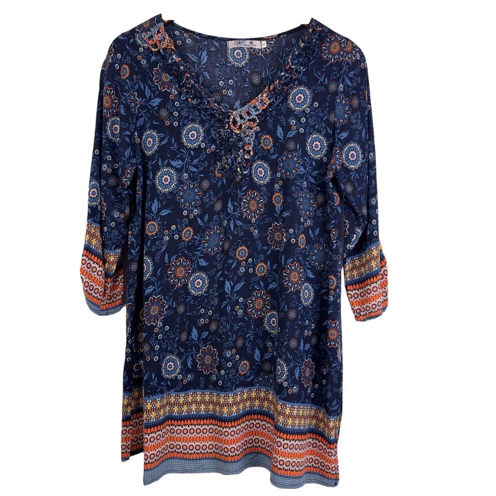 Blossom By P Women Blue Floral Print Boho V Neck Lace Up Tunic Top Size S